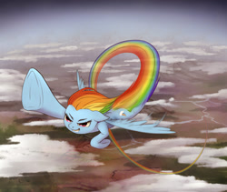 Size: 900x761 | Tagged: safe, artist:zetamad, rainbow dash, pegasus, pony, g4, atg 2021, cloud, eyebrows, female, floppy ears, flying, grin, mare, newbie artist training grounds, rainbow trail, scenery, smiling, solo, spread wings, wings