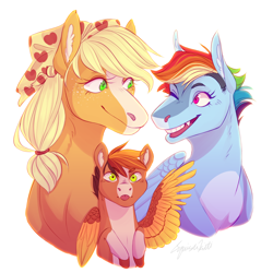 Size: 2500x2500 | Tagged: safe, artist:squishkitti, applejack, rainbow dash, oc, earth pony, pegasus, pony, g4, clothes, female, high res, lesbian, looking at you, magical lesbian spawn, offspring, parent:applejack, parent:rainbow dash, parents:appledash, scarf, ship:appledash, shipping, simple background, tongue out, white background