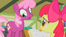 Size: 1920x1080 | Tagged: safe, screencap, apple bloom, cheerilee, earth pony, pony, call of the cutie, g4, apple bloom's bow, board, book, bow, female, filly, frown, hair bow, looking down, mare, open mouth