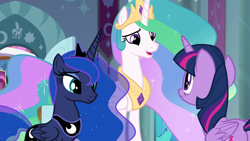 Size: 1920x1080 | Tagged: safe, screencap, princess celestia, princess luna, twilight sparkle, alicorn, pony, g4, season 9, the ending of the end, crown, female, jewelry, mare, regalia, royal sisters, siblings, sisters, twilight sparkle (alicorn)