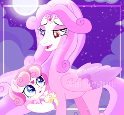 Size: 3496x3232 | Tagged: safe, artist:interstellar-quartz, princess cadance, princess flurry heart, pegasus, pony, amaryllisverse, g4, alternate design, alternate universe, baby, baby pony, base used, female, filly, full moon, heterochromia, high res, holding a pony, moon, mother and child, mother and daughter, pegasus cadance, pegasus flurry heart, race swap