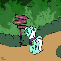 Size: 2000x2000 | Tagged: safe, artist:dafiltafish, lyra heartstrings, pony, unicorn, g4, atg 2021, backpack, female, high res, mare, newbie artist training grounds, road sign, sign, solo