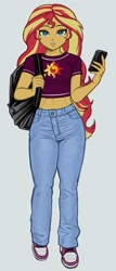 Size: 499x1162 | Tagged: safe, artist:nairdags, sunset shimmer, equestria girls, g4, backpack, belly button, cellphone, clothes, female, jeans, midriff, pants, phone, shoes, simple background, smartphone, solo