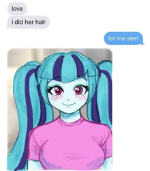 Size: 828x943 | Tagged: safe, artist:nairdags, sonata dusk, equestria girls, g4, alternate hairstyle, blushing, breasts, busty sonata dusk, cute, facebook, female, meme, messenger, pigtails, ponified animal photo, solo, sonatabetes, twintails