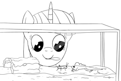 Size: 2456x1653 | Tagged: safe, artist:librarylonging, spike, twilight sparkle, cricket (insect), insect, lizard, pony, unicorn, g4, black and white, grayscale, lineart, monochrome, mouth hold, sports, terrarium, tweezers