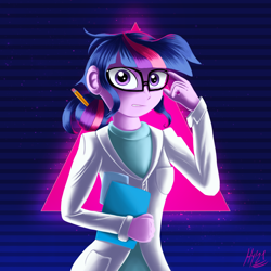 Size: 1500x1500 | Tagged: safe, artist:jphyperx, sci-twi, twilight sparkle, equestria girls, rainbow rocks, clothes, dress, glasses, lab coat, looking at you, pencil, retrowave, scientist, simple background, solo, synthwave, triangle