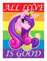 Size: 720x937 | Tagged: safe, artist:texasuberalles, princess cadance, alicorn, pony, g4, bust, female, gay pride flag, jewelry, looking at you, mare, pride, pride flag, regalia, smiling, solo