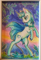 Size: 1493x2160 | Tagged: safe, artist:megabait, oc, oc only, pony, unicorn, aquarelle, bipedal, bowtie, clothes, female, horn, mare, rearing, robe, smiling, solo, sunrise, traditional art, unicorn oc, watercolor painting