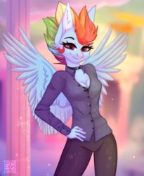 Size: 2655x3240 | Tagged: safe, artist:elektra-gertly, rainbow dash, pegasus, anthro, g4, alternate hairstyle, bra, breasts, choker, cleavage, clothes, ear fluff, hand on hip, high res, solo, underwear