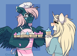 Size: 900x659 | Tagged: safe, artist:mediasmile666, oc, oc only, pegasus, pony, unicorn, abstract background, apron, baking, bust, clothes, cupcake, curved horn, duo, female, food, hoof hold, horn, male, mare, smiling, spread wings, stallion, wings