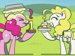 Size: 1800x1350 | Tagged: safe, artist:flutterluv, pinkie pie, surprise, earth pony, pegasus, pony, g4, atg 2021, bag, disgusted, food, ice cream, newbie artist training grounds, pie, pied, saddle bag, trophy