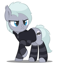Size: 1907x2096 | Tagged: safe, artist:r4hucksake, oc, bat pony, hybrid, :c, >:c, base artist:jeffapegas, base used, clothes, cutie mark, fangs, female, frown, hoodie, mare, stockings, stripes, thigh highs, upset, wingless