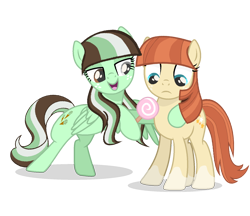 Size: 1596x1382 | Tagged: safe, artist:r4hucksake, oc, oc:choco mint, oc:frazzle, earth pony, pegasus, pony, g4, magic duel, bipedal, bipedal leaning, candy, candy shop, cutie mark, duo, duo female, eyeshadow, female, food, freckles, heterochromia, leaning, lollipop, makeup, mare, not sure if want, open mouth, simple background, song reference, transparent background, vector, wings