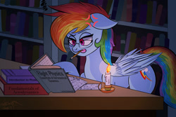 Size: 1920x1280 | Tagged: safe, artist:omniscientx, rainbow dash, pegasus, pony, g4, atg 2021, book, candle, cross-popping veins, female, frustrated, glasses, mouth hold, newbie artist training grounds, pencil, reading, solo, studying, tongue out