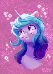 Size: 1254x1747 | Tagged: safe, artist:teaflower300, izzy moonbow, pony, unicorn, g5, abstract background, bust, cute, female, izzybetes, mare, portrait, smiling, solo