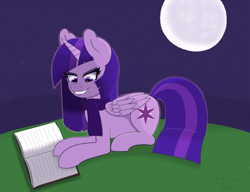 Size: 5715x4383 | Tagged: safe, artist:ionlydrawtwi, derpibooru exclusive, twilight sparkle, alicorn, pony, descended twilight, g4, backlighting, book, clothes, ethereal mane, female, grin, hill, lying down, mare, moon, night, night sky, prone, reading, scarf, simple background, sky, smiling, solo, starry mane, starry tail, stars, twilight sparkle (alicorn)