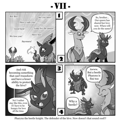 Size: 1200x1200 | Tagged: safe, artist:vavacung, pharynx, queen chrysalis, thorax, beetle, changedling, changeling, insect, moth, comic:out of chrysalis, g4, brothers, comic, female, handkerchief, hollow knight, king thorax, male, open mouth, siblings, species swap, sweat, sweatdrop, sword, teary eyes, waving, weapon