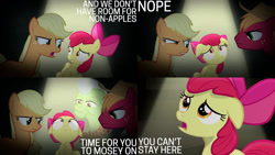 Size: 1280x720 | Tagged: safe, edit, edited screencap, editor:quoterific, screencap, apple bloom, applejack, big macintosh, granny smith, earth pony, pony, bloom & gloom, g4, season 5, abuse, apple bloom's bow, applejack's hat, bow, cowboy hat, female, filly, hair bow, hat, male, mare, open mouth, stallion, voice change, wide eyes