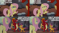 Size: 1280x720 | Tagged: safe, edit, edited screencap, editor:quoterific, screencap, fluttershy, garble, smolder, dragon, pegasus, pony, g4, season 9, sweet and smoky, female, implied spike, male, mare, open mouth, pointing, trio