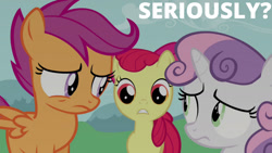 Size: 1280x720 | Tagged: safe, edit, edited screencap, editor:quoterific, screencap, apple bloom, scootaloo, sweetie belle, earth pony, pegasus, pony, unicorn, g4, one bad apple, season 3, apple bloom's bow, bow, cutie mark crusaders, female, filly, hair bow, seriously