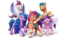 Size: 1021x594 | Tagged: safe, hitch trailblazer, izzy moonbow, pipp petals, sunny starscout, zipp storm, earth pony, pegasus, pony, unicorn, g5, my little pony: a new generation, official, female, looking at each other, male, mane five, mare, simple background, stallion, transparent background, yellow eyes, yellow-eyed pipp