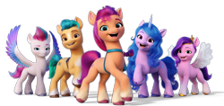 Size: 1920x903 | Tagged: safe, hitch trailblazer, izzy moonbow, pipp petals, sunny starscout, zipp storm, earth pony, pegasus, pony, unicorn, g5, my little pony: a new generation, official, female, looking at you, male, mane five, mare, simple background, stallion, transparent background