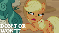 Size: 1280x720 | Tagged: safe, edit, edited screencap, editor:quoterific, screencap, applejack, rain shine, earth pony, kirin, pony, g4, season 8, sounds of silence, applejack's hat, cowboy hat, female, hat, mare, open mouth