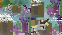 Size: 1280x720 | Tagged: safe, edit, edited screencap, editor:quoterific, screencap, derpy hooves, spike, twilight sparkle, alicorn, dragon, pegasus, pony, g4, season 9, the point of no return, box, eyes closed, female, hat, mailmare, mailmare hat, mailmare uniform, male, mare, open mouth, school of friendship, smiling, twilight sparkle (alicorn), winged spike, wings