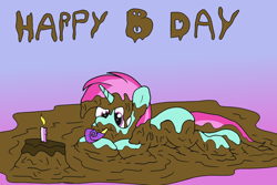 Size: 1800x1200 | Tagged: safe, artist:amateur-draw, oc, oc only, oc:belle boue, pony, unicorn, birthday, birthday cake, cake, candle, food, happy birthday, lying down, male, mud, mud bath, mud pie, mud play, muddy, party horn, solo, stallion, wet and messy