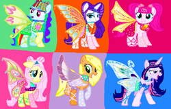 Size: 1436x916 | Tagged: safe, artist:mlplary6, applejack, fluttershy, pinkie pie, rainbow dash, rarity, twilight sparkle, alicorn, earth pony, fairy, fairy pony, original species, pegasus, pony, unicorn, g4, aisha, alternate hairstyle, barely pony related, bloom (winx club), blue wings, clothes, crossover, crown, enchantix, fairies, fairies are magic, fairy wings, fairyized, flora (winx club), gloves, green wings, jewelry, layla, long gloves, long hair, long mane, mane six, musa, orange wings, pigtails, pink wings, purple wings, regalia, sparkly wings, stella (winx club), tecna, twilight sparkle (alicorn), wings, winx, winx club, winxified, yellow wings