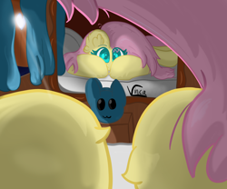 Size: 2460x2047 | Tagged: safe, artist:vinca, fluttershy, pegasus, pony, g4, bed, cute, female, female pov, first person view, heart eyes, high res, hooves, lying down, mare, mirror, offscreen character, offscreen female, on bed, pov, reflection, shyabetes, solo, wingding eyes, you are a pony