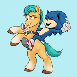 Size: 1100x1100 | Tagged: safe, artist:jewellier, hitch trailblazer, earth pony, hedgehog, pony, anthro, g5, belt, bipedal, blue background, clothes, crossover, donut lord, duo, eyes closed, gloves, grin, james marsden, male, markings, open mouth, rearing, riding a pony, shoes, simple background, smiling, sonic the hedgehog, sonic the hedgehog (series), stallion, unshorn fetlocks, voice actor joke