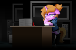 Size: 5000x3330 | Tagged: safe, artist:jhayarr23, oc, oc only, oc:scripty, pony, unicorn, bored, clothes, computer, female, laptop computer, mare, solo