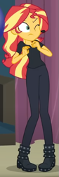 Size: 211x631 | Tagged: safe, screencap, sunset shimmer, all the world's off stage, equestria girls, equestria girls series, g4, all the world's off stage: pinkie pie, black pants, black shirt, boots, cropped, earpiece, one eye closed, shoes, solo