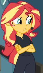 Size: 420x718 | Tagged: safe, screencap, sunset shimmer, all the world's off stage, equestria girls, equestria girls series, cropped, crossed arms, director shimmer, female, solo