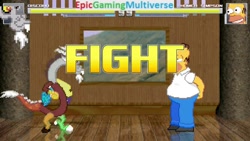 Size: 1280x720 | Tagged: safe, discord, draconequus, human, g4, 8-bit, crossover, hand on hip, hands behind back, health bars, homer simpson, human male, male, mugen, signature, text, the simpsons, versus, versus screen, video game, video game crossover, youtube link
