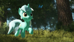 Size: 3840x2160 | Tagged: safe, artist:freasaloz, lyra heartstrings, butterfly, pony, unicorn, g4, 3d, grass, high res, outdoors, solo, source filmmaker, tree