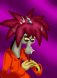 Size: 762x1048 | Tagged: safe, artist:gizmo01, discord, draconequus, g4, alternate hairstyle, antlers, clothes, devious smile, fangs, male, prison outfit, purple background, sideshow bob, simple background, spiky hair, the simpsons