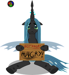 Size: 3129x3405 | Tagged: safe, artist:kyoshyu, queen chrysalis, changeling, changeling queen, g4, crying, female, high res, hungry, sad, sign, simple background, solo, transparent background, underhoof, vector