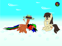 Size: 4060x3000 | Tagged: safe, artist:kyoshyu, wild fire, oc, oc:bucolique, pegasus, pony, g4, arrow, cake, cloud, food, male, stallion