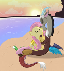 Size: 900x1000 | Tagged: dead source, safe, artist:pizza lord, discord, fluttershy, draconequus, pegasus, pony, g4, beach, blushing, cloud, duo, evening, female, kiss on the lips, kissing, male, mare, ship:discoshy, shipping, show accurate, straight, sun, vector