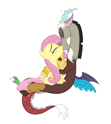 Size: 900x1000 | Tagged: safe, artist:pizza lord, edit, vector edit, discord, fluttershy, draconequus, pegasus, pony, g4, blushing, duo, female, kiss on the lips, kissing, male, mare, ship:discoshy, shipping, show accurate, simple background, straight, transparent background, vector, white background