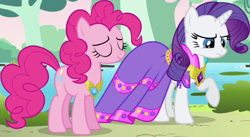 Size: 1312x719 | Tagged: safe, screencap, pinkie pie, rarity, earth pony, pony, unicorn, g4, keep calm and flutter on, season 3, clothes, cropped, dress, female, mare