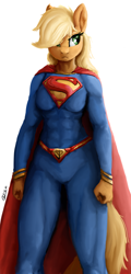 Size: 1080x2250 | Tagged: safe, artist:raphaeldavid, applejack, earth pony, anthro, g4, abs, app-el, cape, clothes, crossover, male, signature, simple background, solo, superman, supermare, unamused, white background