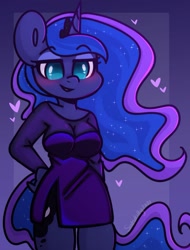 Size: 1231x1621 | Tagged: safe, artist:sakukitty, princess luna, alicorn, anthro, g4, blushing, breasts, cleavage, clothes, dress, heart, lidded eyes, smiling, solo