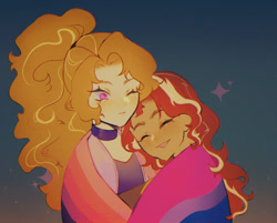 Size: 1572x1263 | Tagged: safe, artist:stummm, adagio dazzle, sunset shimmer, equestria girls, g4, bisexual pride flag, blushing, eyes closed, febfem pride flag, female, hug, lesbian, pride, pride flag, ship:sunsagio, shipping, tongue out