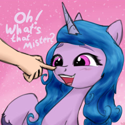 Size: 3500x3500 | Tagged: safe, artist:littlenaughtypony, izzy moonbow, human, pony, unicorn, g5, boop, female, hand, high res, mare, offscreen character, offscreen human, open mouth, smiling, talking, what's this?