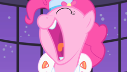 Size: 1920x1080 | Tagged: safe, screencap, pinkie pie, earth pony, pony, g4, the best night ever, clothes, dress, eyes closed, female, gala dress, mare, mawshot, open mouth, solo, uvula, volumetric mouth