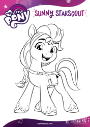 Size: 1654x2339 | Tagged: safe, sunny starscout, earth pony, pony, g5, official, black and white, coloring page, female, grayscale, mare, monochrome, open mouth, smiling, solo, text