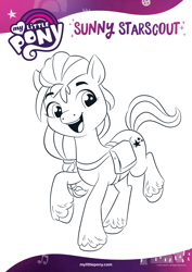 Size: 1654x2339 | Tagged: safe, sunny starscout, earth pony, pony, g5, official, black and white, coloring page, female, grayscale, mare, monochrome, open mouth, smiling, solo, text